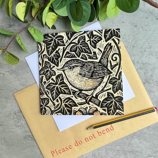 Wren Art Card – Linocut Style Bird Greeting Card | British Wildlife Card for Nature Lovers | Garden wildlife lover | Birthday Card