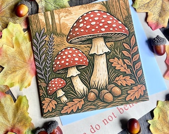 Mushroom Greeting Card – Linocut Style Fungi Art | Woodland Toadstool Illustration for Nature Lovers | Special Occasion | Fungi Fans