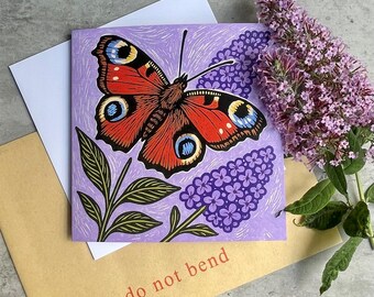 Butterfly Greeting Card – Peacock Butterfly on Buddleia | Linocut Style Wildflower Art for Nature Lovers | Special Occasion | Garden Lover
