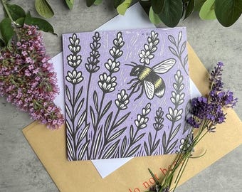 Bee and Lavender Art Card – Linocut Style | Wildflower Greeting Card for Garden & Nature Lovers | Birthday Card | Special Occasion