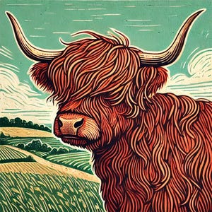 Carte de voeux artistique vache Highland – Style linogravure | Carte rustique d'animal de ferme de Zazzle.be Liste d'envies Vous avez des idées ? Blanc à l'intérieur | Respectueux de l'environnement | Cadeau de la vie à la campagne | Carte d'anniversaire