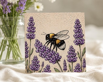 Bumble Bee Lavender Card | Linocut Style Bee Art | Nature Lover Gift