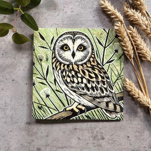May include: Square artwork featuring a detailed linocut print of an owl perched on a branch. The owl has yellow eyes and is set against a light green background with black and white botanical elements. The artwork is a nature-themed piece.