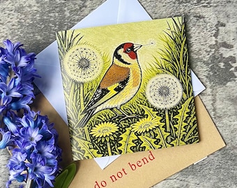 Goldfinch Linocut Style Greeting Card | Bird Lover Card | Spring Wildlife Nature Card