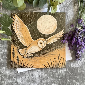 Carte de voeux Chouette effraie des clochers – Impression d'art Chouette effraie | Carte Oiseau style linogravure pour les amoureux de la faune | carte d'anniversaire | Occasion spéciale | Encadrement