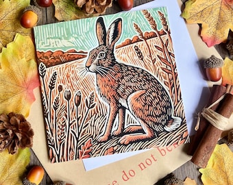 Hare Greeting Card – Wildlife Art Print – Linocut Style Country Card | British Nature Gift | Folk Animal Illustration