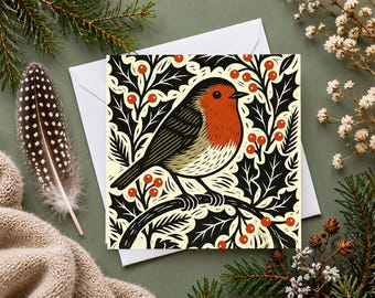 Robin Christmas Card, Linocut Style Holly Art, Holiday Greeting