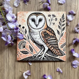 Grusskarte Schleiereule Linolschnitt Stil | Wildvogel Karte | Danke-Karte | Innen leer | Geburtstagskarte | Besonderer Anlass