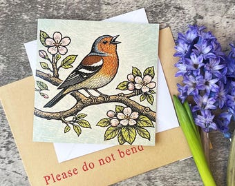 Chaffinch Greeting Card – Spring Bird Linocut Art Card, Blossom Wildlife Illustration