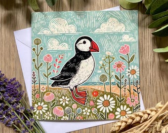 Puffin Greeting Card – Coastal Bird Art – Linocut Style Wildlife Card  | Wildlife Gift for Bird Lovers  | Seaside Nature Card