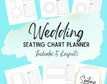 May include: Five printable wedding seating chart templates. Each template features a different layout with circles for guest names and lines for table numbers. The text "Wedding Seating Chart Planner" and "Includes 5 Layouts" is at the top of the page. The text "Seating Chart" is in a gold frame at the bottom of the page.