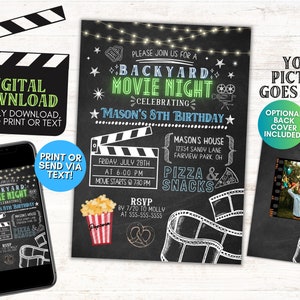 Backyard Movie Night Birthday Invite Customizable Template, Kids Birthday, Digital Download, Text, Printable, 5X7