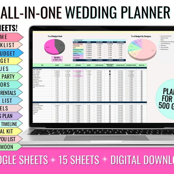 All-in-One Wedding Planning Spreadsheet, Wedding Budget Planner, Wedding Checklist, Guest List, Google Sheets Template, Digital