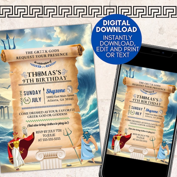 Greek Mythology Birthday Invite, Customizable Template, Greek God, Roman, Poseidon, Athena, Digital Download, Printable, Text, 5X7