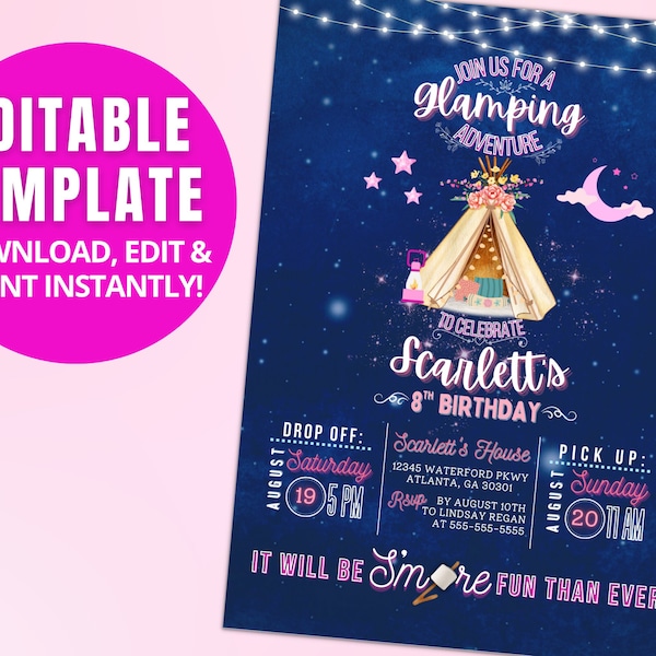 Glamping Sleepover Birthday Party Customizable Template, Slumber Party, Bonfire, Camp Out, Digital Download, Printable, Editable, 5X7
