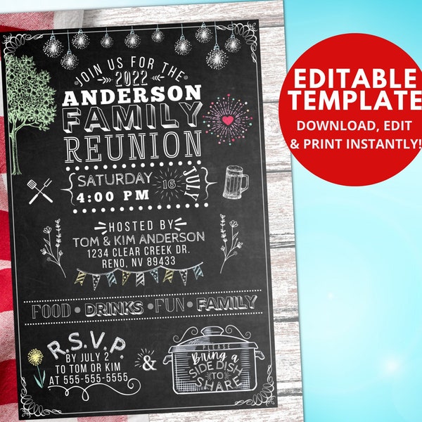 Family Reunion Invite Customizable Template, Family Picnic, Potluck, Backyard BBQ, Chalkboard, Digital Download, Printable, 5x7