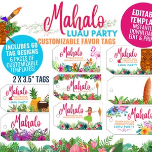 Luau Party Favor Tags Customizable Template, Thank You Tags, Hawaiian Theme, Summer Party, Printable, Digital Download, Party Favors