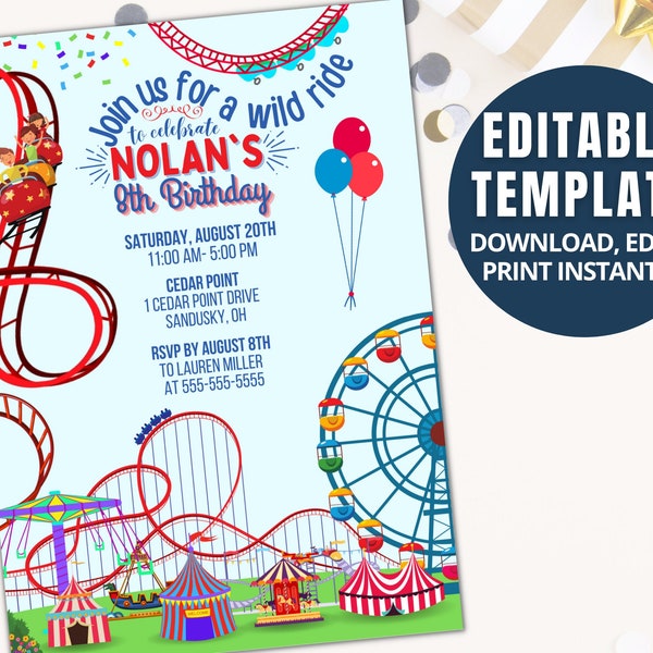 Amusement Park Birthday Invite Customizable Template, Theme Park, Roller Coaster, Carnival, Printable, Digital Download, Editable