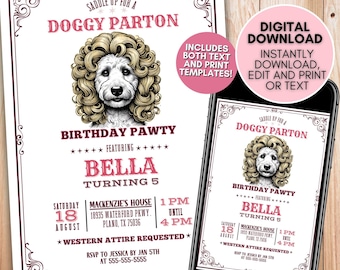 Doggy Parton Dog Birthday Invitation, Mobile + Print Templates, Golden Doodle, Rodeo, Country, Western, Digital Download, Editable, 5X7