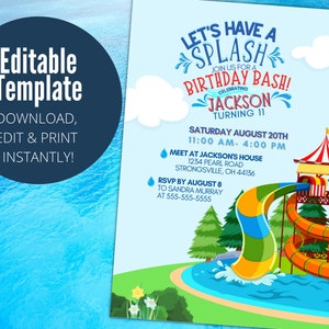 Waterpark Birthday Invite Customizable Template, Digital Download, Printable, Summer Pool Birthday, Editable, 5x7