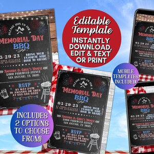 May include: Memorial Day BBQ invitation template with a chalkboard design. The invitation includes the date, time, location, and RSVP information. The design features fireworks, a grill, and patriotic colors. Includes mobile templates.