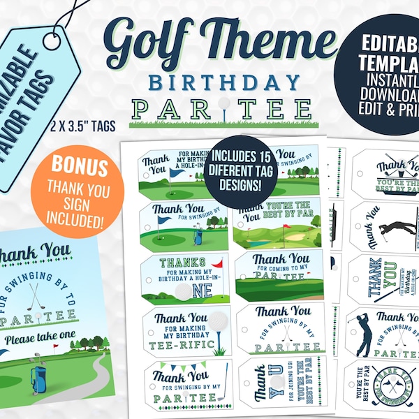 Golf Birthday Thank You Tag Template, Party Favor Tags, Gift Tags, Topgolf, Driving Range, Golf Course, Digital Download, Printable