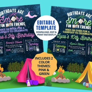 May include: Editable camping birthday party invitation template with a campfire, tent, and stars. The text reads "Birthdays are S'more Fun with Friends" and includes details for a campout to celebrate a birthday. The template is available in pink and green color themes.