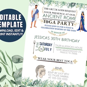 Invito di compleanno per festa in toga, modello personalizzabile, dea greca, romana, download digitale, stampabile, 5X7