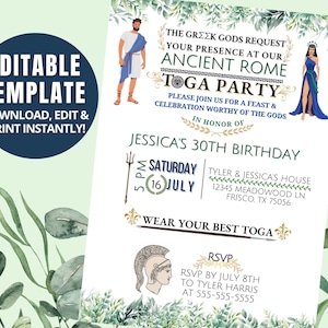 Toga Party Birthday Invite, Customizable Template, Greek Goddess, Roman, Digital Download, Printable, 5X7