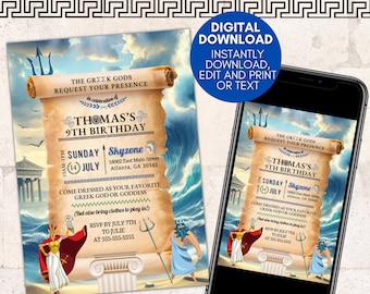 May include: A printable invitation for a 9th birthday party with a Greek god theme. The invitation features a scroll with the text "The Greek Gods Request Your Presence" and "Thomas's 9th Birthday". The invitation also includes a blue sky, white clouds, and a blue ocean with waves. The invitation is decorated with a trident, a Greek temple, and two Greek gods.