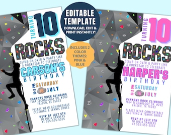 Rock Climbing Birthday Party Customizable Template, Includes 2 Color Themes, Digital Download, Printable, 5X7