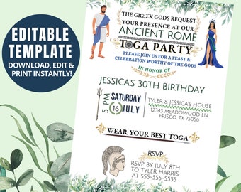 Toga Party Birthday Invite, Customizable Template, Greek Goddess, Roman, Digital Download, Printable, 5X7