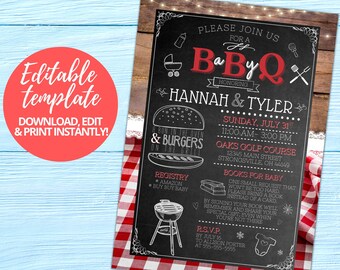 BABY-Q Baby Shower Invitation, Baby BBQ Invitation, Baby Shower Invite, Baby Q Barbeque Summer, Plaid, Customizable Template, Printable, 5x7