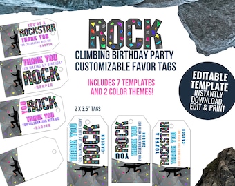 Rock Climbing Birthday Party Customizable Favor Tags, Template, Includes 7 Templates, Digital Download, Printable, Thank You, 8.5" X 11"