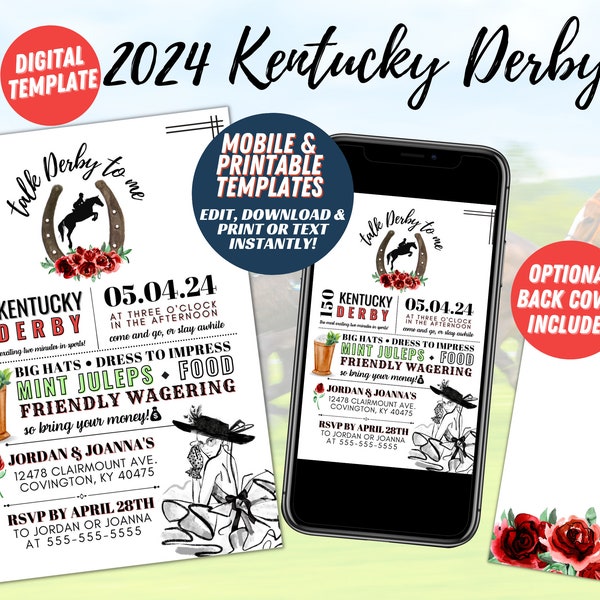 Talk Derby to Me 2024 Kentucky Derby Invite, MOBILE + PRINT TEMPLATES, Customizable Template, Digital Download, Editable