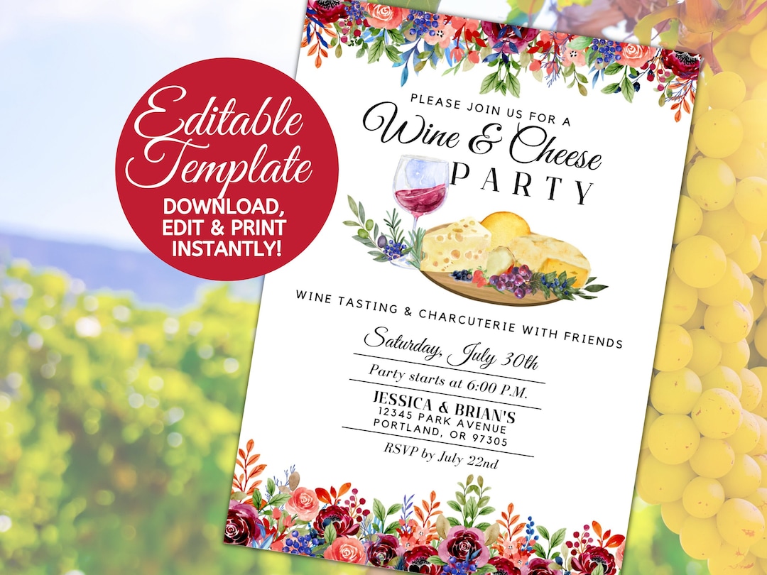 Wine and Cheese Party Invite Customizable Template, Wine Tasting