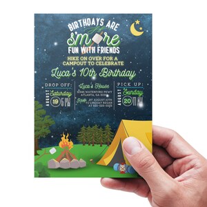May include: A blue and green camping-themed birthday invitation with a campfire, tent, and stars. The text reads "Birthdays are smore fun with friends. Hike on over for a campout to celebrate Luca's 10th Birthday. Drop off: Luca's House 12345 Waterford Pkwy Atlanta, GA 3030 by August 10th at 556-555-5556. Pick up: Sunday 20 11 AM"