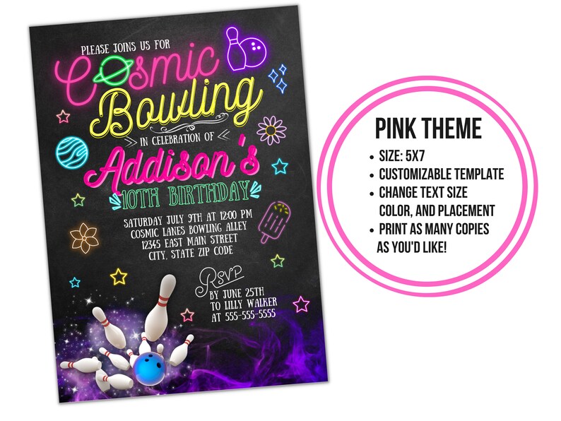 Cosmic Bowling Birthday Invite Customizable Template, Neon, Digital ...