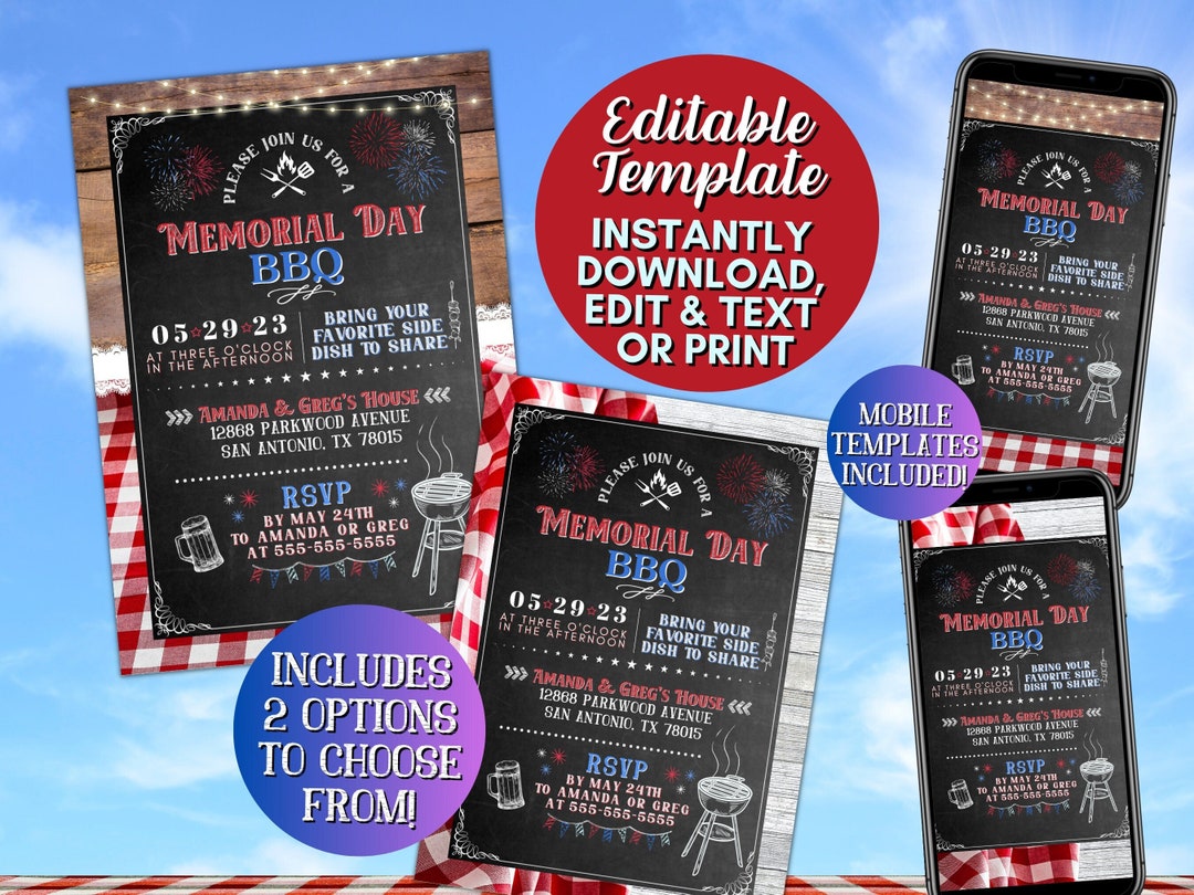Memorial Day BBQ Editable Template, Invitation, Backyard Cookout ...