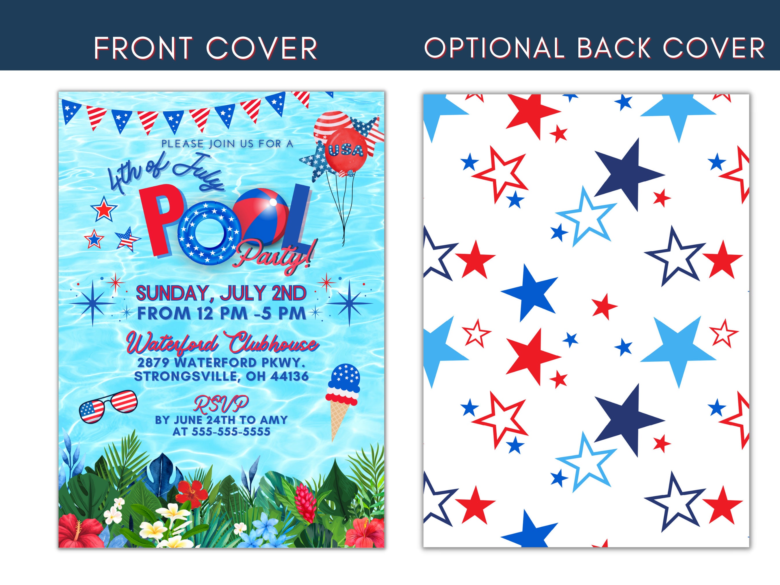 Red White and Blue Pool Party Invite, Customizable Template, Memorial ...
