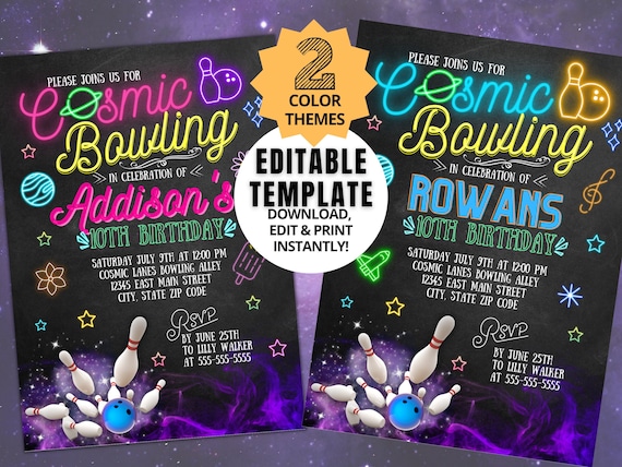 Cosmic Bowling Birthday Invite Customizable Template, Neon, Digital Download, Printable, 5X7 ,Editable