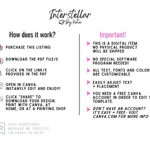 May include: Pink and white graphic with instructions on how to use a digital product. The graphic includes a numbered list with five steps and a section titled "Important!" with a list of information about the product. The text includes the words "Interstellar" and "By Katie".
