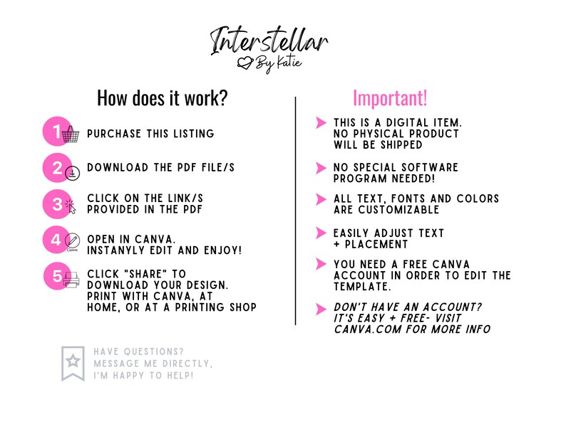 May include: Pink and white graphic with instructions on how to use a digital product. The graphic includes a numbered list with five steps and a section titled "Important!" with a list of information about the product. The text includes the words "Interstellar" and "By Katie".