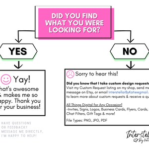 May include: A flowchart with a pink box at the top that says "Did you find what you were looking for?" with arrows pointing to two boxes below. The left box says "YES" and the right box says "NO". The left box has a smiley face and says "Yay! That's awesome & makes me so happy. Thank you for your business!" The right box has a sad face and says "Sorry to hear this! Did you know that I take custom design requests? Visit my Custom Request listing on my shop, send me a message on Etsy, or email InterstellarByKatie@gmail.com to learn more about custom requests & receive a quote. All Things Digital for Any Occasion! -Invites, Signs, Logos, Business Cards, Flyers, Cards, Snap Chat Filters, Gift Tags & more! File Types: PNG, JPG, PDF" with the text "Interstellar By Katie" at the bottom.