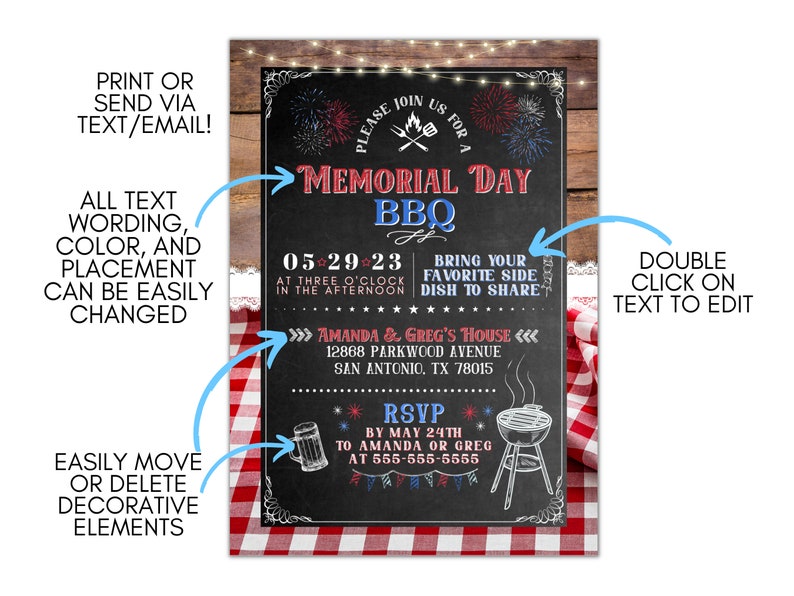 Memorial Day BBQ Editable Template, Invitation, Backyard Cookout ...