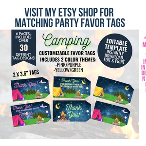 May include: Camping party favor tags printable template. Includes 30 different designs in two color themes: pink and purple or yellow and green. Each tag measures 2 inches by 3.5 inches.