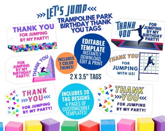 Laten we springen verjaardag aanpasbare dank u Tags, sjabloon, afdrukbare, digitale download, trampoline, avontuur, speeltuin, hindernissenparcours