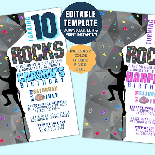 Rock Climbing Birthday Party Customizable Template Includes 2 Etsy