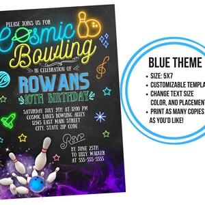 Cosmic Bowling Birthday Invite Customizable Template, Neon, Digital ...