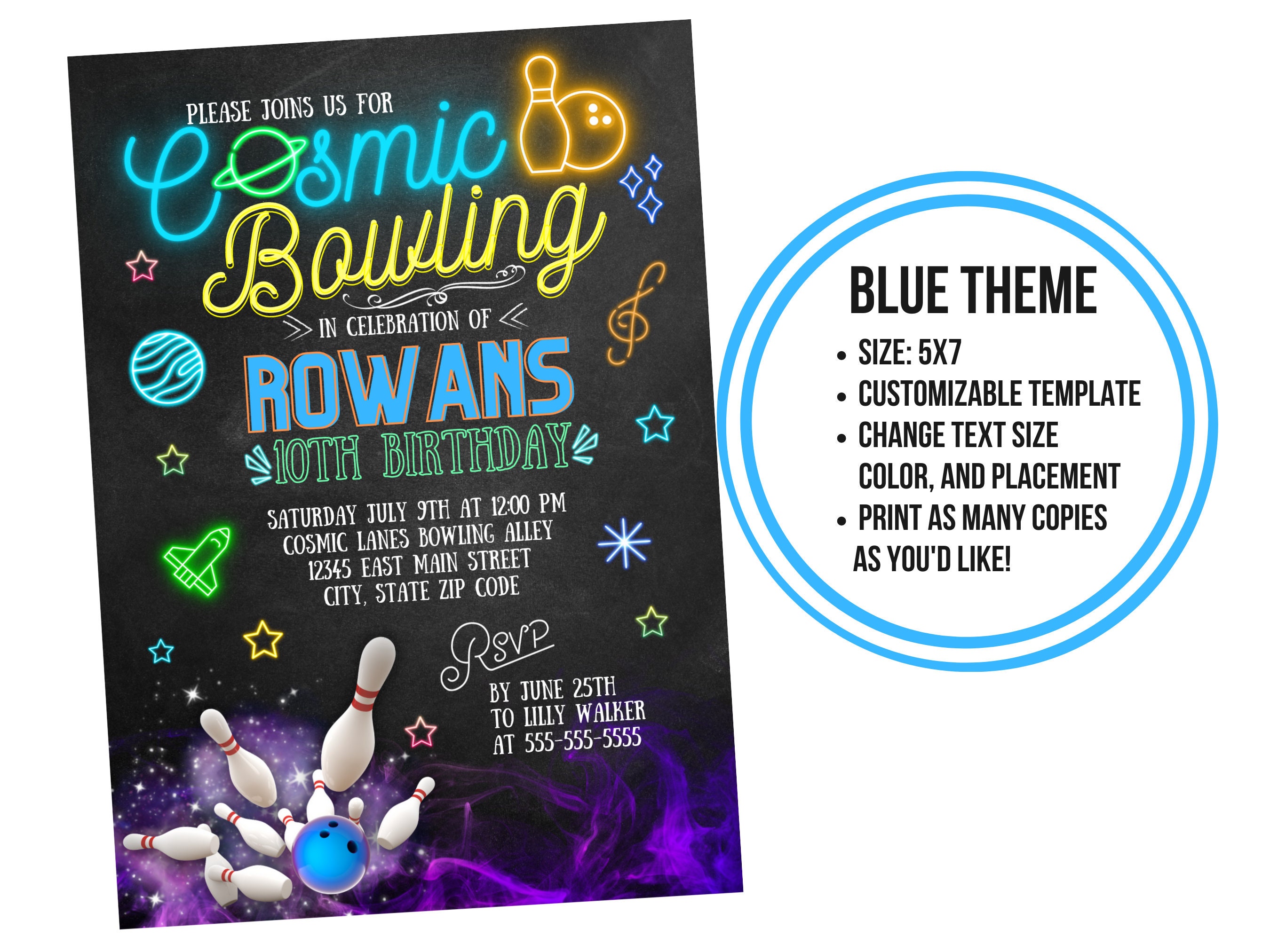 Cosmic Bowling Birthday Invite Customizable Template, Neon, Digital ...
